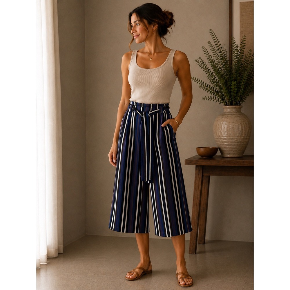 Women Blue Striped High‎ Waist Culotte Pants Wide Leg Cropped  Tie Belt Large